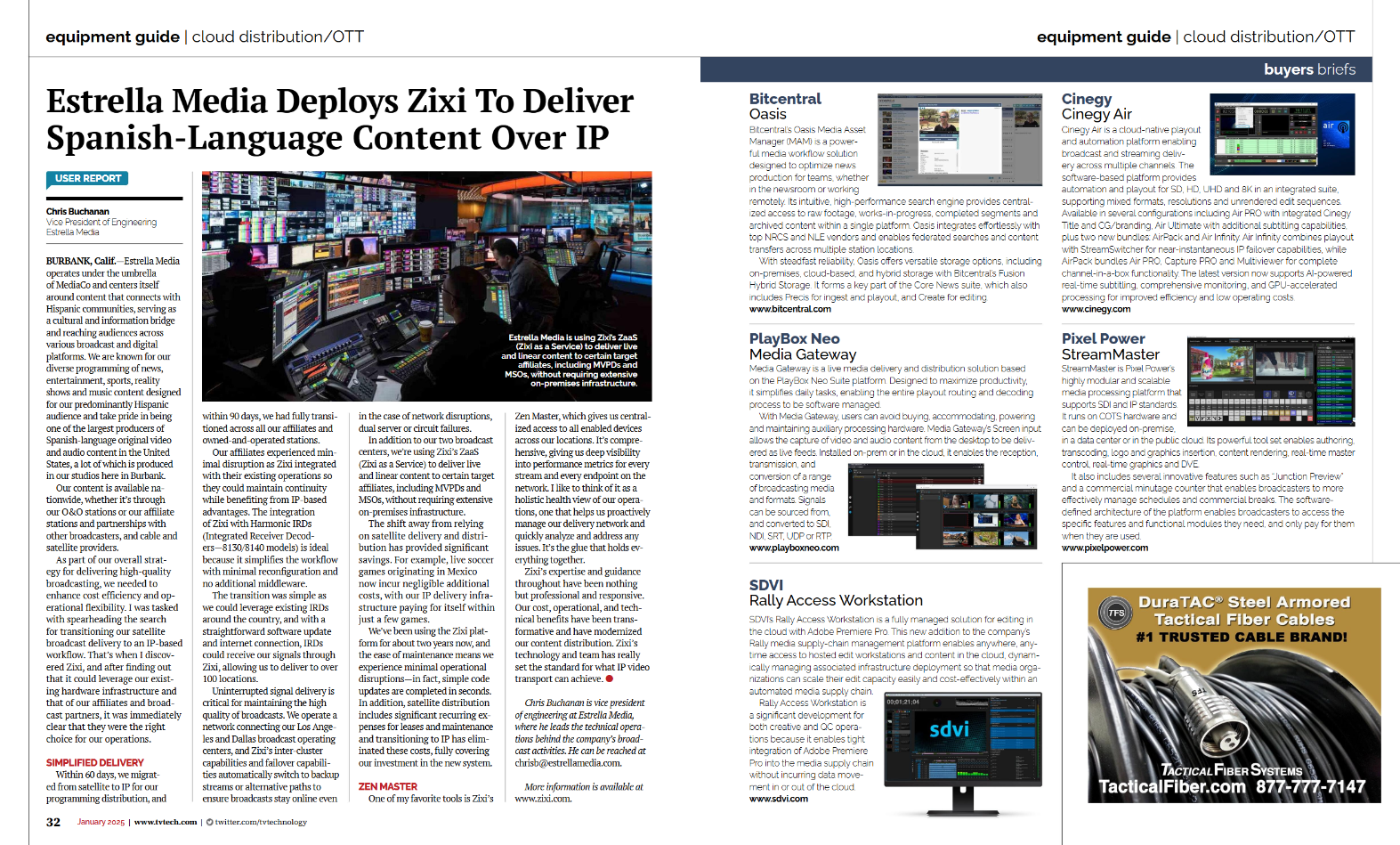 Magazine page featuring broadcast and media technology solutions.